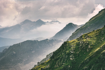 Mountains range and clouds sunset foggy Landscape Travel aerial view wilderness nature awesome summer scenery