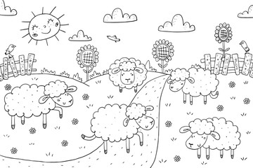 coloring book sunny meadow, sheeps design for kids