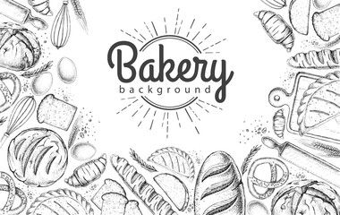 Bakery background. Top view of bakery products