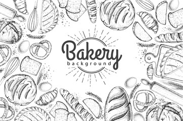 Bakery background. Top view of bakery products