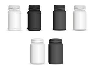 Realistic medicine bottles set. Pharmaceutical and healthy product mockup template. Black and white colour plastic jars for capsule, pills, vitamin. Vector illustration.