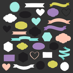 Set of hand drawn shapes in different colors. Hearts, banners, circles and ribbons etc. Hand drawn vector various design elements for labels, tags or stamps and badges.