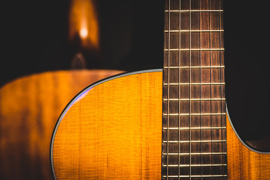 front of acoustic guitar showing beautiful grain of cedar wood on back of acoustic guitar background