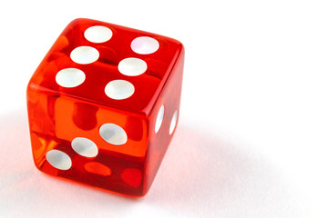 One red dice isolated on white background with copy space, six.