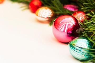 Christmas and New Year composition with decoration on white wooden background with copy space for your text