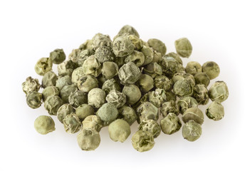 Heap of green peppercorns isolated on white background