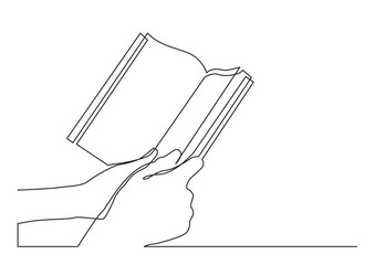 continuous line drawing of two hands holding book