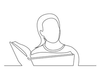 continuous line drawing of woman studying reading book