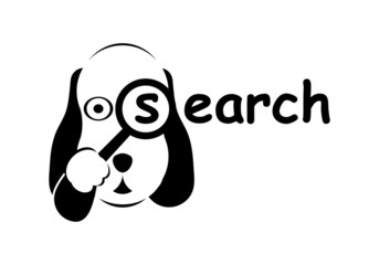 Search dog logo in black and white colors. The dog detective holds a magnifying glass in his hand.