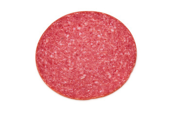 Salami slices isolated on the white background.