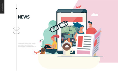Business series, color 1 - news or articles- modern flat vector illustration concept of people reading news on various medium and tablet screen, glasses, coffee. Creative landing page design template
