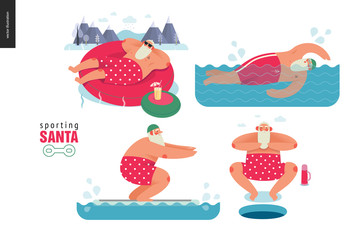 Naklejka premium Sporting Santa - winter water activity set - modern flat vector concept illustration of cheerful Santa Claus relaxing in hot pool, swimming, floatfitting, wearing red polka dot boxer shorts