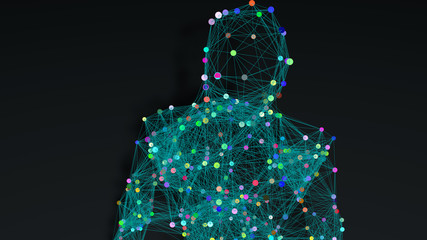 Man walking in wireframe drawing with data