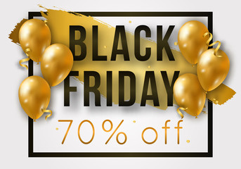 Vector Black Friday sale poster with shiny balloons, frame and confetti. Template for advertising posters, banners, flyers, leaflets, cards.