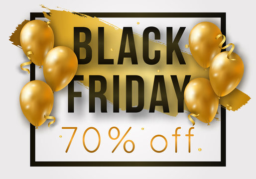 Vector Black Friday sale poster with shiny balloons, frame and confetti. Template for advertising posters, banners, flyers, leaflets, cards.