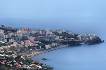 Aerial view of Funchal city and Praia Formosa beach. Portuguese island of madeira