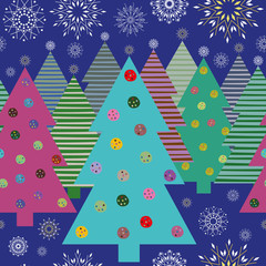 Bright Christmas Trees and snowflakes at night