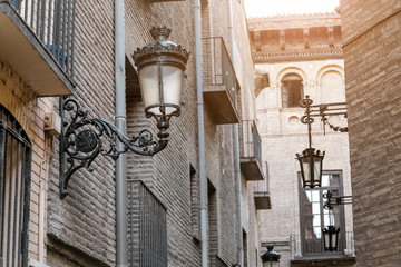 Vintage retro lantern at the small town street