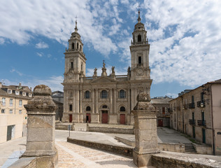 Fototapeta na wymiar Panoramic image of the cathedral of Lugo, highlight along the Camino de Santiago, Galicia, Spain
