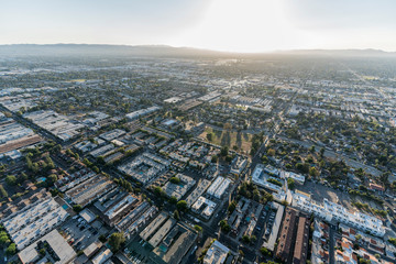 Aerial view towards Laurel Canyon Blvd and North Hollywood in the San Fernando Valley region of Los Angeles, California.