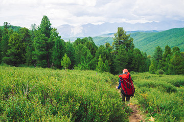 Fototapeta na wymiar Girl with red large backpack go on footpath across green meadow to coniferous forest. Hiking in mountains. Traveler near conifer trees on summit. Mountain peaks away. Majestic nature of highlands.