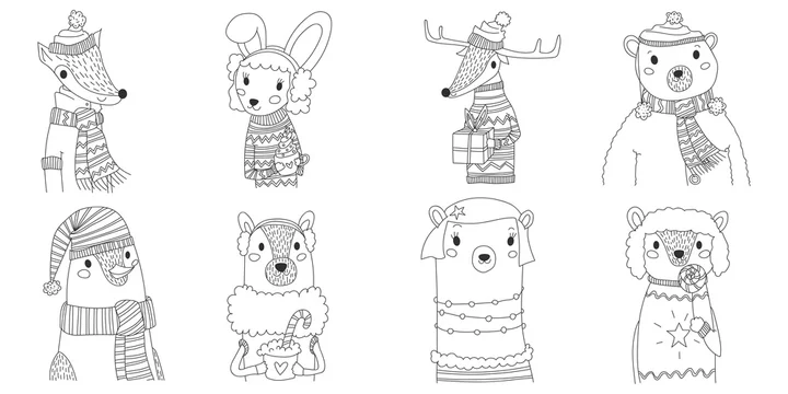 vector christmas animals silhouette collection illustration in line art  with eight animals wearing winter clothes. cute xmas set with fox, bunny,  reindeer, male bear, penguin, llama, female bear, dog. Stock Vector |