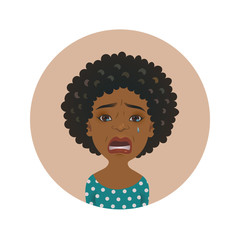 Cute Afro American crying woman avatar. Tearful African girl. Weeping dark-skinned cartoon model. Painful facial expression.
