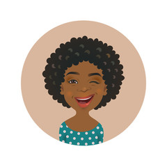 Winking Afro American woman avatar. Playful African face emoticon. Cute dark-skinned girl facial expression.