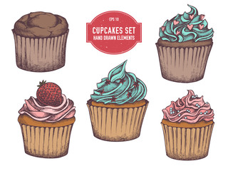 Vector collection of hand drawn cupcakes