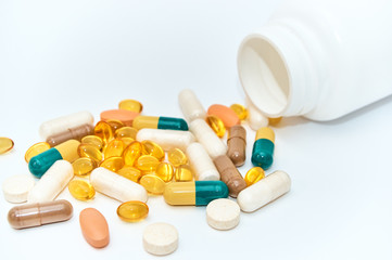 Piils background. Tablets. Medical background with pills and vitamins.