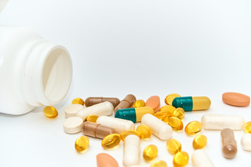 Piils background. Tablets. Medical background with pills and vitamins.