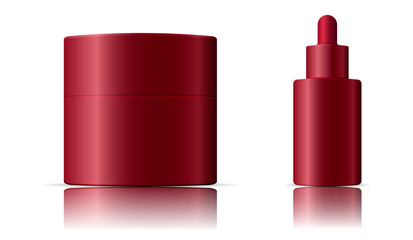 Cream jar and dropper bottle cosmetics set. Vector illustration of packaging for your brand.