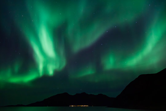 Amazing Aurora Borealis in North Norway (Grotfjord), mountains and sea in the background
