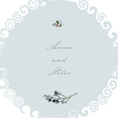 greeting card with a floral design in gentle colors. Silver, blue, white colors.