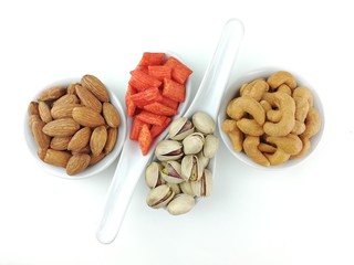 assorted, cashew nuts,  pistachio, almond and fish cracker