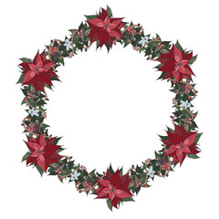 Cute christmas wreath with Euphorbia pulcherrima and elements of traditional decor, sweets , plants and toys on white background.