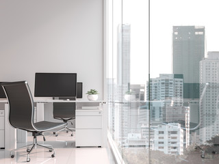 Fototapeta premium A working table located by the window 3d render,There are white floor.Furnished with black and white furniture .There are large windows look out to see the city view.