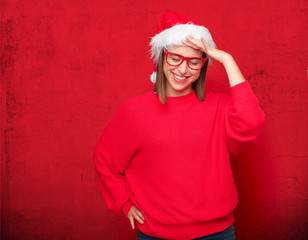 young pretty woman christmas concept. editable background