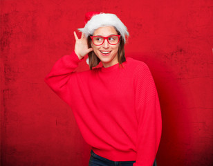 young pretty woman christmas concept. editable background