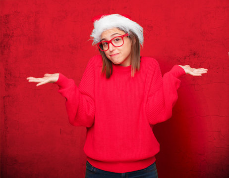 young pretty woman christmas concept. editable background