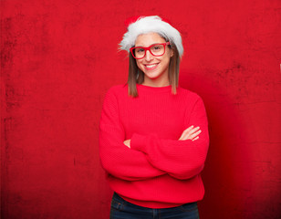 young pretty woman christmas concept. editable background