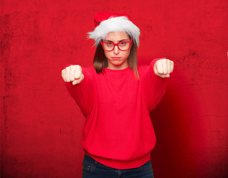 young pretty woman christmas concept. editable background