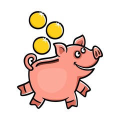 Piggy bank icon on a white background. Cheerful pink pig and three gold coins. Finance and Savings Theme. Vector illustration.