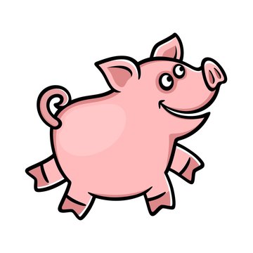Cheerful pink pig on a white background. Piggy smiles and runs. Cartoon character. Vector illustration for kids.