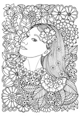 Beautiful woman and flowers. Page for coloring book. Doodles in black and white