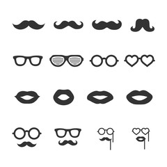 Vector image set of mustache, glasses, lips icons.
