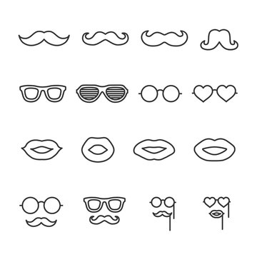 Vector image set of mustache, glasses, lips line icons.
