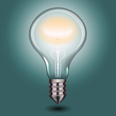 Vector real incandescent lamp, glowing brightly against the background color of aquamarine. Isolated with a realistic image of a split luminous tungsten filament, a glass bulb and a shiny metal base