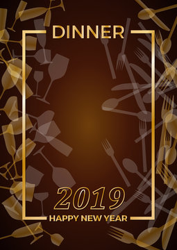2019, New Year's Eve dinner, template for poster, cover and menu. Vector illustration