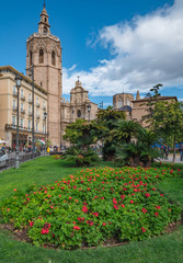 Fototapeta premium Miguelete, the belfry tower of the cathedral and the Basilica of the Assumption of Our Lady of Valencia, Spain (Saint Mary's Cathedral or Valencia Cathedral)